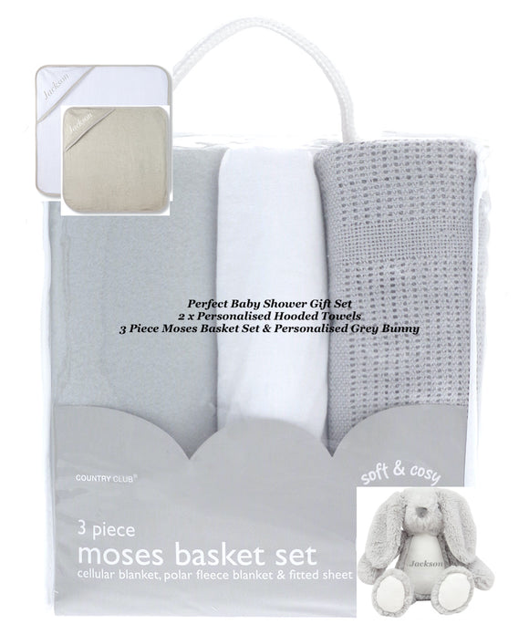 Personalised Perfect Baby Shower Gift Set Comprises of 2 x Hooded Towels, 3 Piece Moses Basket Set, Bunny